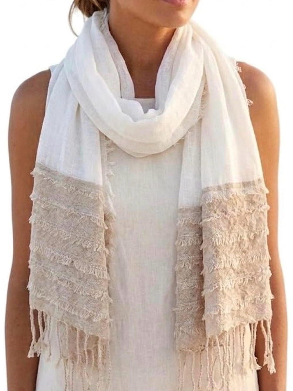 Linen Scarf -Soft Neutral Fringe Shawl - Summer Beach Scarf Wrap - Ivory/Beige